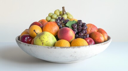 A Bowl of Fresh Fruit with Grapes, Oranges, and Peaches