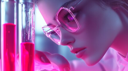 A cyberpunk witch brewing a potion in a neon-lit lab with futuristic ingredients
