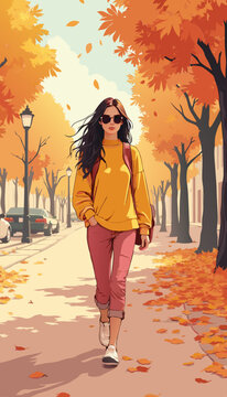 open layer vector hot brounette girl with cozi orange dress pink jean pants on street, autumn vibe, back view 03