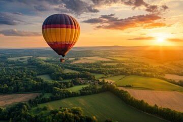 Obraz premium A colorful hot air balloon floats serenely above scenic green landscapes. The sun sets, casting a warm glow over the fields. Perfect for travel and adventure themes. Generative AI