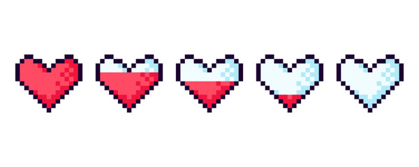 Gaming controller, 8 bit health heart bar, Pixel game life bar.