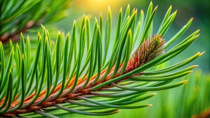 Obraz premium Intimate close-up of a single pine needle's intricate texture, showcasing delicate ridges, subtle color variations, and wispy brown tips against a soft, blurred green background.
