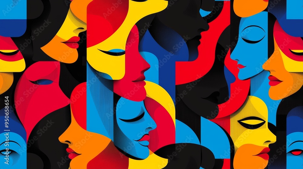 Poster a seamless pattern of abstract faces in cubist style, using geometric shapes and high-contrast color