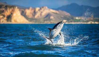 Fototapeta premium atun saltando en el mar con la costa de fondo