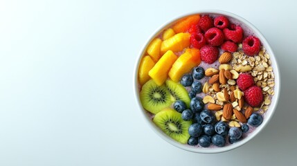 A Bowl of Colorful Fruit and Granola on White Background