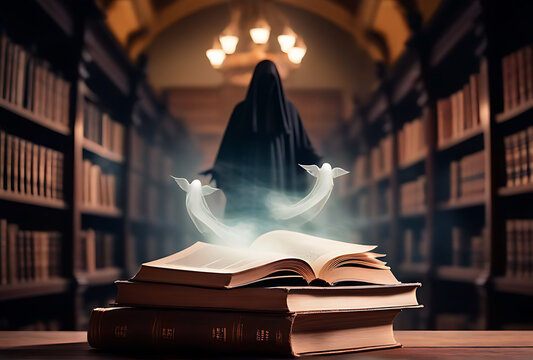 haunted library old dusty books ghostly figures floating air