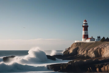 Naklejka premium haunted lighthouse rocky cliff waves crashing