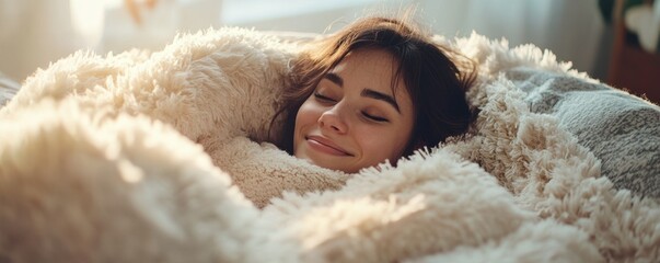 Relaxed woman snuggled under a fluffy blanket enjoying a peaceful morning in a cozy home setting with soft sunlight. Perfect moment of comfort, warmth, and tranquility captured beautifully.