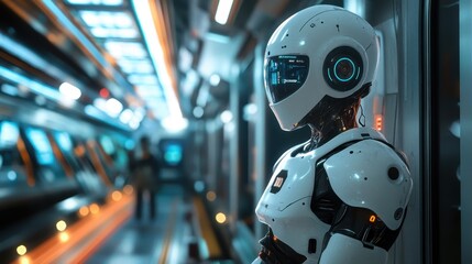 Fototapeta premium Futuristic Robot Exploring Automated Train Interior