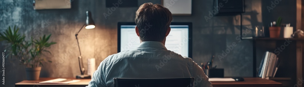 Poster Man Sitting at a Desk Facing a Computer Screen