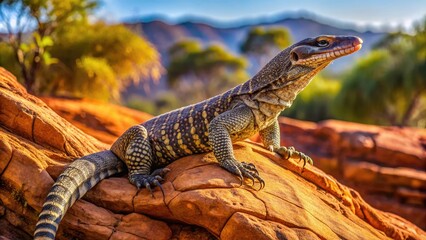 Large, scaly Australian goanna lizard perches on a rocky outcrop, its long tail curled around a branch, basking in the warm desert sunlight.