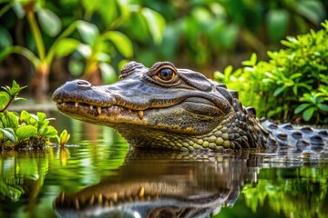 Obraz premium Large reptile, caiman, lies still in murky waters, its scaly body and snout partially submerged, surrounded by lush green vegetation in a tropical wetland habitat.