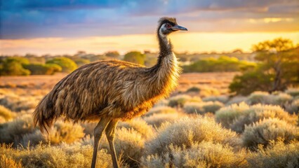 Large, soft-feathered emu bird stands tall on sun-drenched Australian outback land, its brown plumage glistening amidst sparse vegetation and vast, open skies.