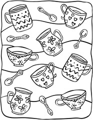 Coffee and Tea Cups Coloring Page for Adults and Kids, Vector Black and White Illustration