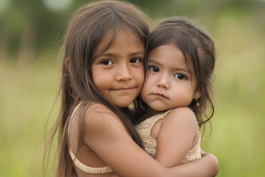 Paraguay Children. Indigenous Girl Caring for Her Little Sister in the Countryside