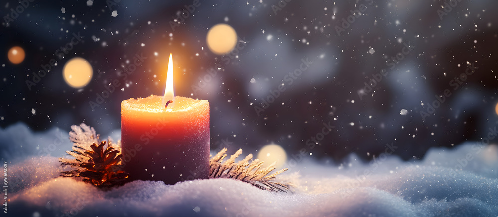 Wall mural burning chrismas candle im schnee, christmas background banner concept with defocused lights