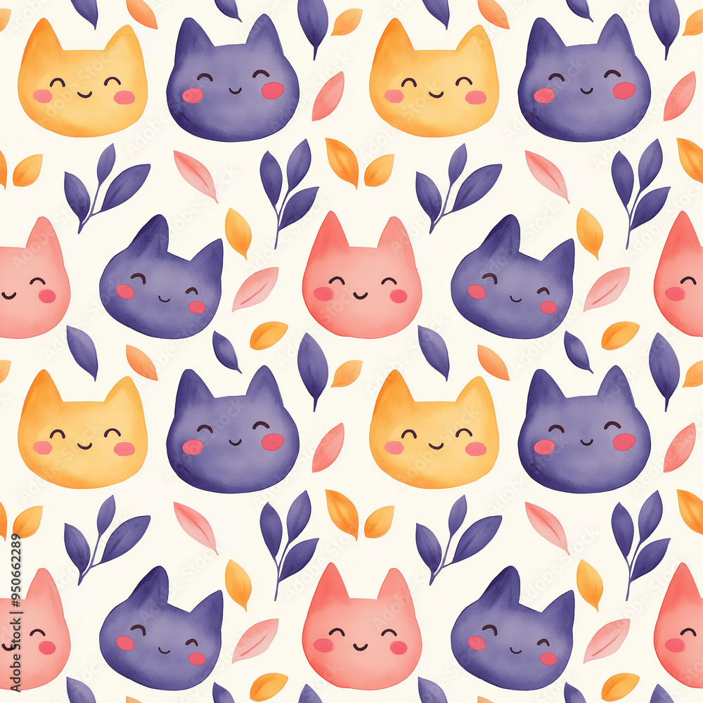 Poster seamless kawaii cat pattern with colorful leaves on a light background