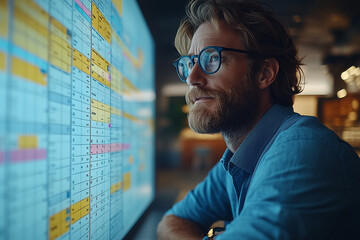 A business professional managing schedules on a large digital calendar board in an open-plan office.