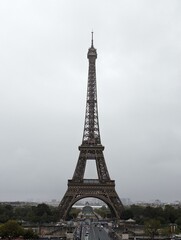 Eiffel tower view in gloomy weather of Paris France.