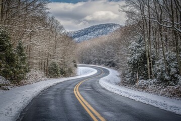 Asheville Winter Landscape: Snowy Road Through White Forest on Blue Ridge Parkway