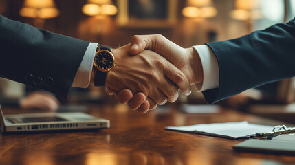 Executives in a boardroom shaking hands after successful business negotiations, surrounded by documents and laptops.