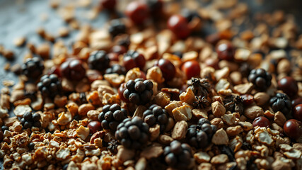 A textured background of crushed nuts and dried berries, creating a natural, earthy feel.