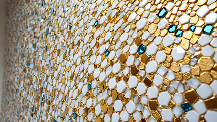 golden mosaic wall texture background, gold and blue color tone.