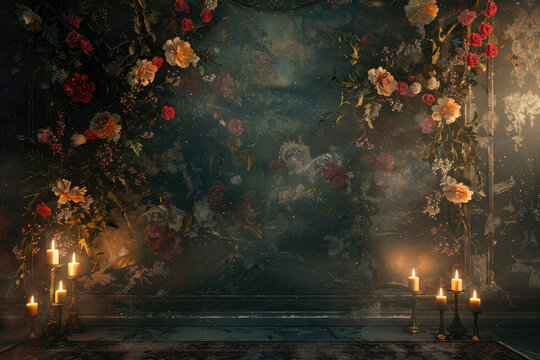 Dramatic, Baroque-inspired backdrop featuring a dark blue wall adorned with cascading flowers and lit by flickering candles. Perfect for creating a moody and mysterious atmosphere in any photo or stud