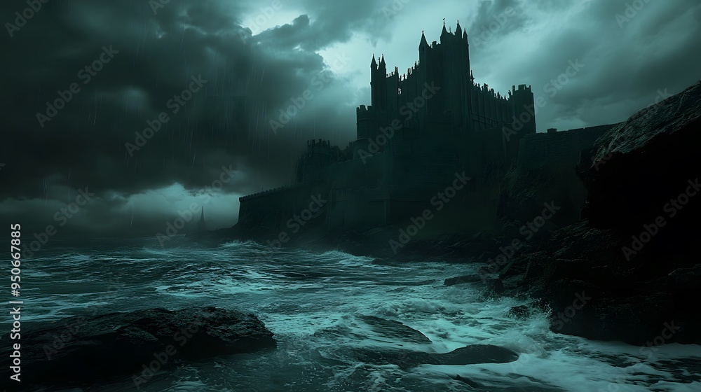 Wall mural cliffside stormy ocean dark gothic castle moody dramatic deep shadows high contrast intricately deta