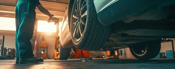 Mechanic lowering a car in an auto repair shop highlighting the detail of the tire and the workshop environment during a vivid sunset