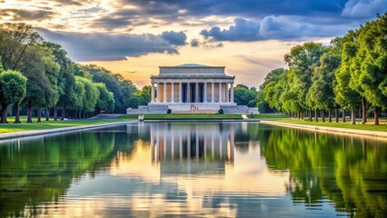 Fototapeta premium The majestic marble monument honors a revered leader, standing tall amidst lush greenery and Reflecting Pool waters, symbolizing freedom and American history.