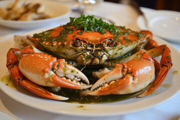Dungeness Crab Plate. Authentic Chinese Food: Whole Cooked Crab with Green Onion Sauce