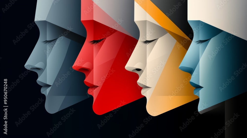 Poster a dynamic cubist composition of abstract faces, using a mix of sharp angles and rich, vibrant hues t
