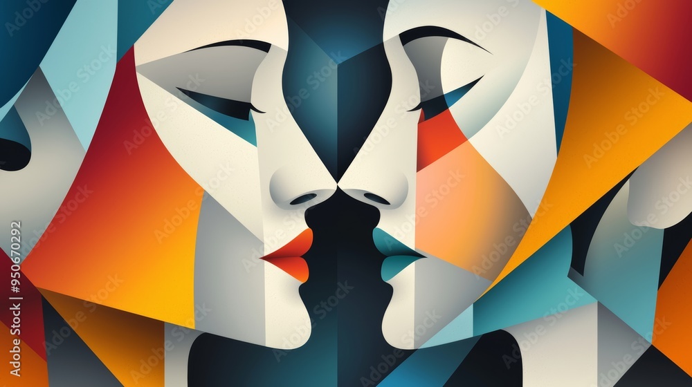 Poster a dynamic cubist composition of abstract faces, using a mix of sharp angles and rich, vibrant hues t