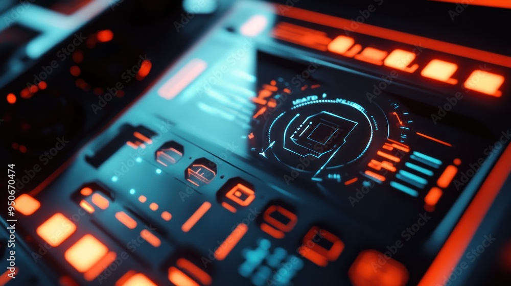 Poster close-up of a futuristic tech interface with blue and orange lights
