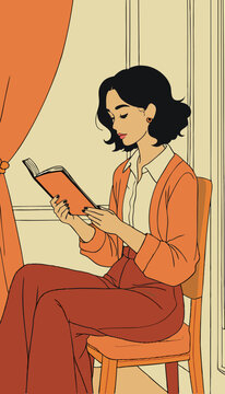 open layer vector of a brunette woman with orange dress reading a book
