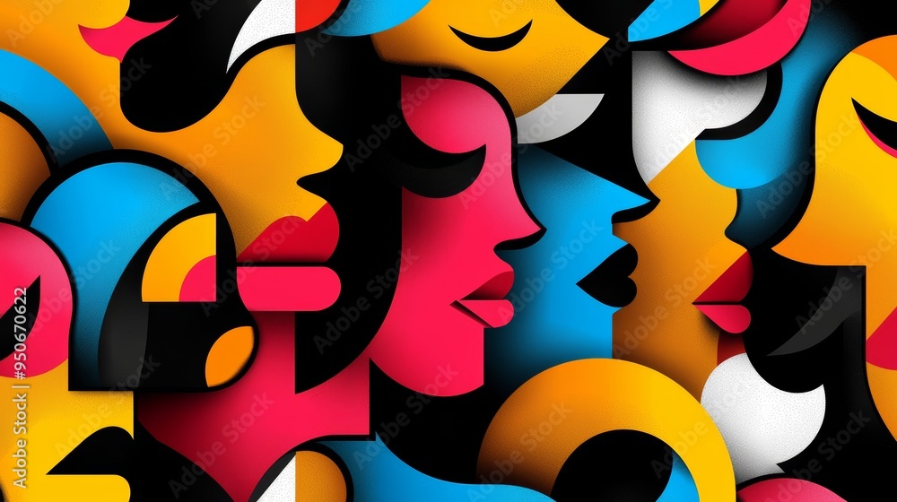 Poster a seamless pattern of abstract faces in cubist style, using geometric shapes and high-contrast color