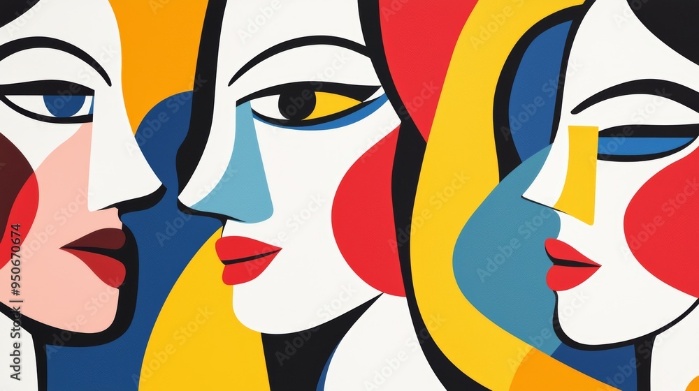 Poster a vibrant pattern of abstract cubist faces, featuring sharp geometric shapes and bold, contrasting c