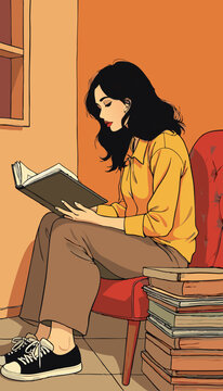 open layer vector of a brunette woman with orange dress reading a book