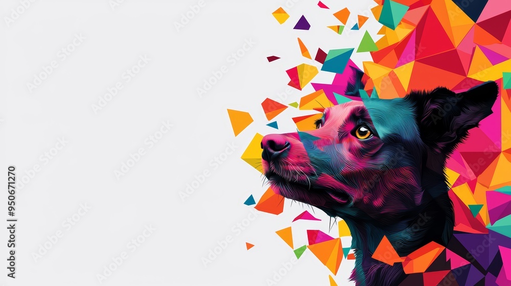 Poster artistic cubist rendering of a dog with a funny, exaggerated face, utilizing a mix of geometric shap