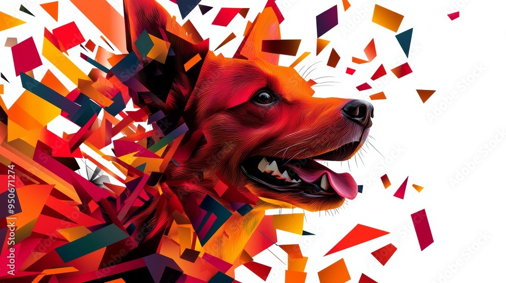 Poster artistic cubist rendering of a dog with a funny, exaggerated face, utilizing a mix of geometric shap
