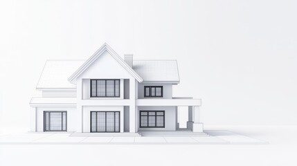 Blueprint-style 3D house render, white background, detailed architecture, accurate perspective, clean lines, professional visualization, suitable for commercial projects