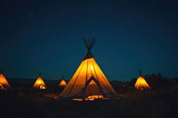 Marfa Texas. Glowing Teepee at Night with Starry Sky for Camping Travel