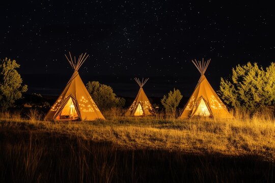 Marfa Texas Glowing Teepee Camping at Night Under Starry Sky