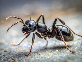Fototapeta premium Macro view of a small, shiny black ant's intricate details, showcasing its segmented body, delicate legs, and tiny mandibles on a smooth gray surface.