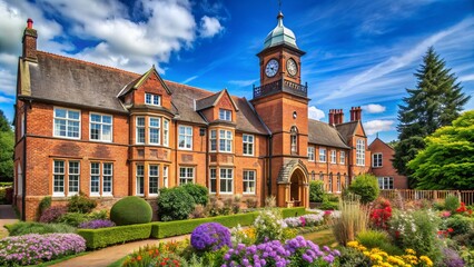 Traditional red-brick English secondary school building with a clock tower stands proudly amidst lush greenery and vibrant flowers on a sunny afternoon.