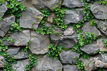 Green creeper plant growing on the old stone wall
