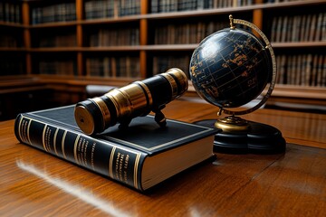 Antiques in an old library, captured in a photo where leather-bound books, a globe, and a brass telescope create an atmosphere of knowledge and discovery