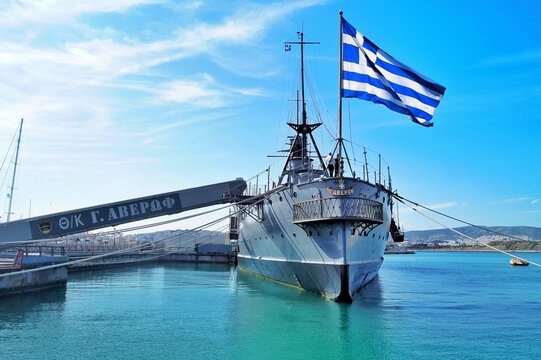 Photo of the Georgios Averof, a modified Pisa-class cruiser built in Italy for the Royal Hellenic Navy, now preserved as a floating museum in Palaio Faliro, Attica.