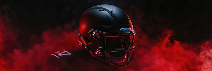 American football player wearing helmet standing in red smoke